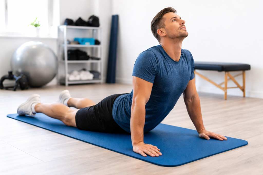 Man performing McKenzie extension exercise on mat for lower back pain relief